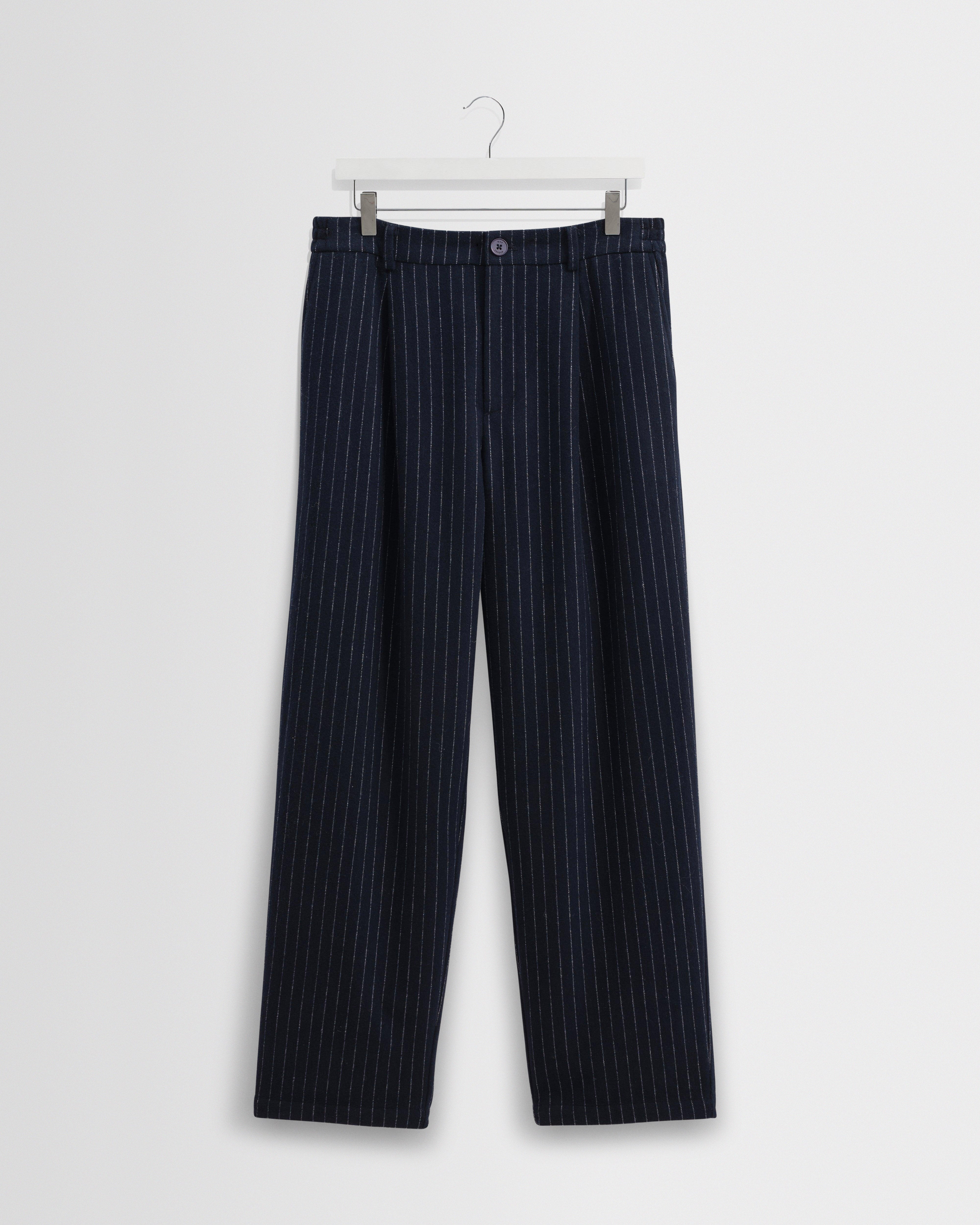 Men's Navy Pinstripe Wool Trousers | Wax London