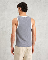 wax london men's Montague - Blue And Ecru Striped Ribbed Organic Cotton Vest
