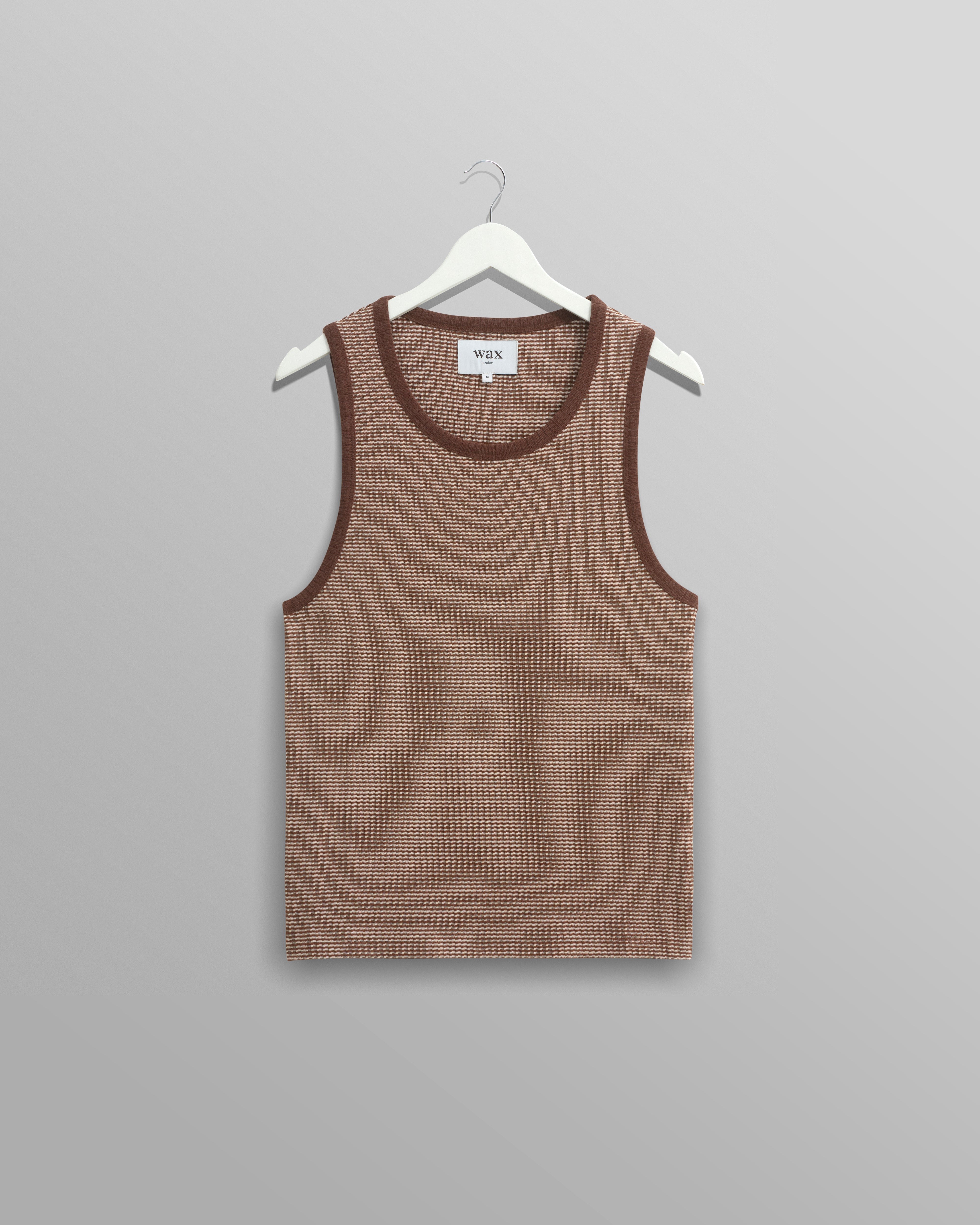 wax london men's Montague - Brown And Ecru Striped Ribbed Organic Cotton Vest