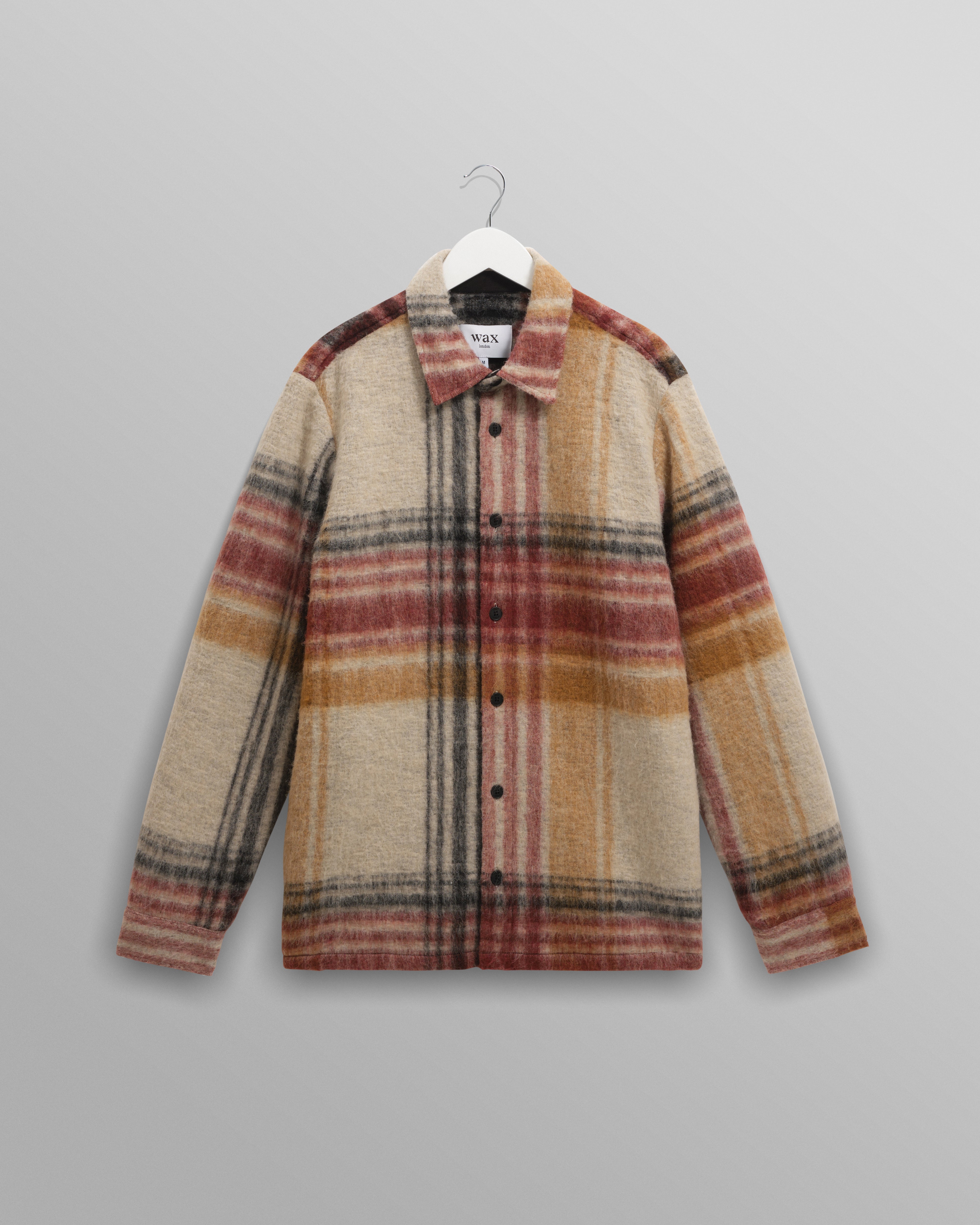 wax london men's Nolan - Natural And Multicolour Check Wool Overshirt