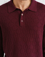 wax london men's Oban - Burgundy Textured-Check Knitted Long Sleeve Polo Shirt