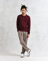 wax london men's Oban - Burgundy Textured-Check Knitted Long Sleeve Polo Shirt