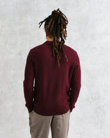 wax london men's Oban - Burgundy Textured-Check Knitted Long Sleeve Polo Shirt