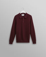 wax london men's Oban - Burgundy Textured-Check Knitted Long Sleeve Polo Shirt