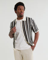 wax london men's Porto - Ecru And Black Stripe Crochet Knitted Shirt