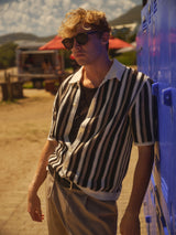 wax london men's Porto - Ecru And Black Stripe Crochet Knitted Shirt