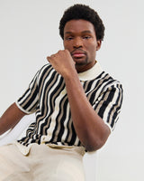wax london men's Porto - Ecru And Black Stripe Crochet Knitted Shirt