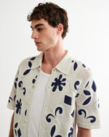 wax london men's Porto - Ecru And Navy Doodle Crochet Knitted Shirt