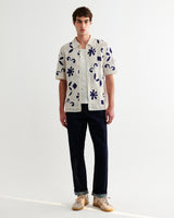 wax london men's Porto - Ecru And Navy Doodle Crochet Knitted Shirt
