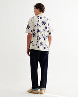 wax london men's Porto - Ecru And Navy Doodle Crochet Knitted Shirt