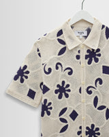 wax london men's Porto - Ecru And Navy Doodle Crochet Knitted Shirt