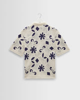 wax london men's Porto - Ecru And Navy Doodle Crochet Knitted Shirt