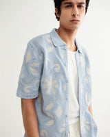 wax london men's Porto - Pale Blue Doodle Crochet Knitted Shirt