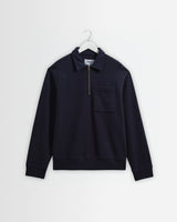 wax london men's Reeve - Washed Navy Loopback Organic Cotton Collared Sweatshirt