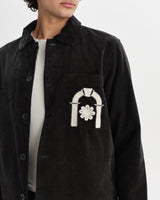 wax london men's Rockley - Black And Ecru Applique Velvet Overshirt