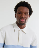 wax london men's Rowhill - Ecru And Light Blue Stripe Loopback Rugby Shirt