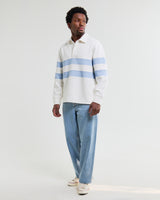 wax london men's Rowhill - Ecru And Light Blue Stripe Loopback Rugby Shirt