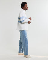 wax london men's Rowhill - Ecru And Light Blue Stripe Loopback Rugby Shirt