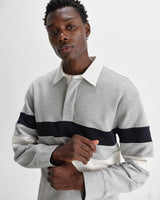 wax london men's Rowhill - Grey Marl Stripe Panelled Loopback Rugby Shirt