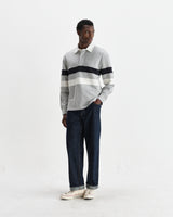 wax london men's Rowhill - Grey Marl Stripe Panelled Loopback Rugby Shirt