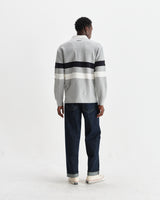 wax london men's Rowhill - Grey Marl Stripe Panelled Loopback Rugby Shirt