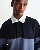 wax london men's Rowhill - Navy And Blue Panelled Loopback Rugby Shirt