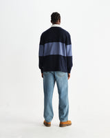 wax london men's Rowhill - Navy And Blue Panelled Loopback Rugby Shirt