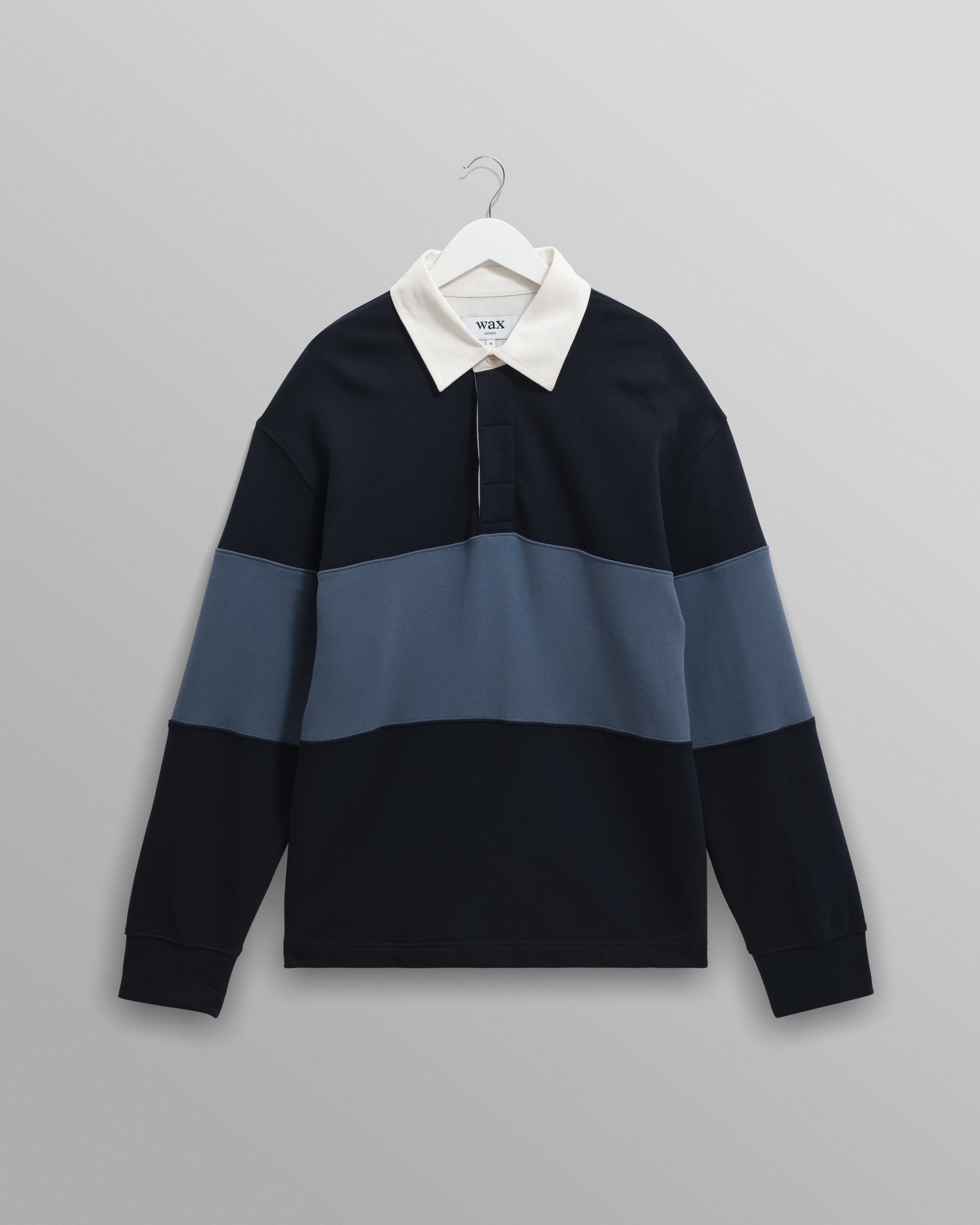 wax london men's Rowhill - Navy And Blue Panelled Loopback Rugby Shirt