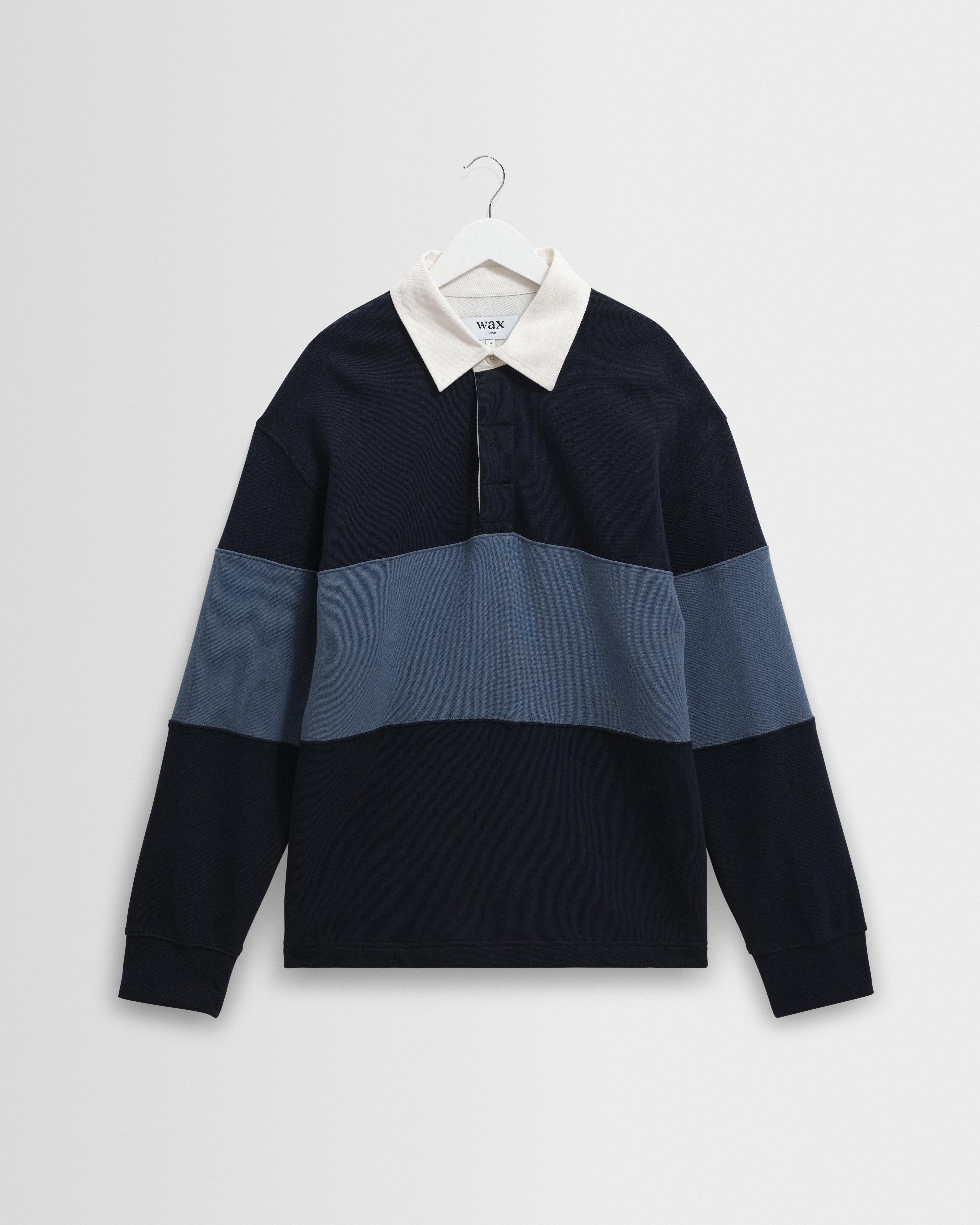 Men's Navy And Blue Panelled Rugby Shirt | Wax London