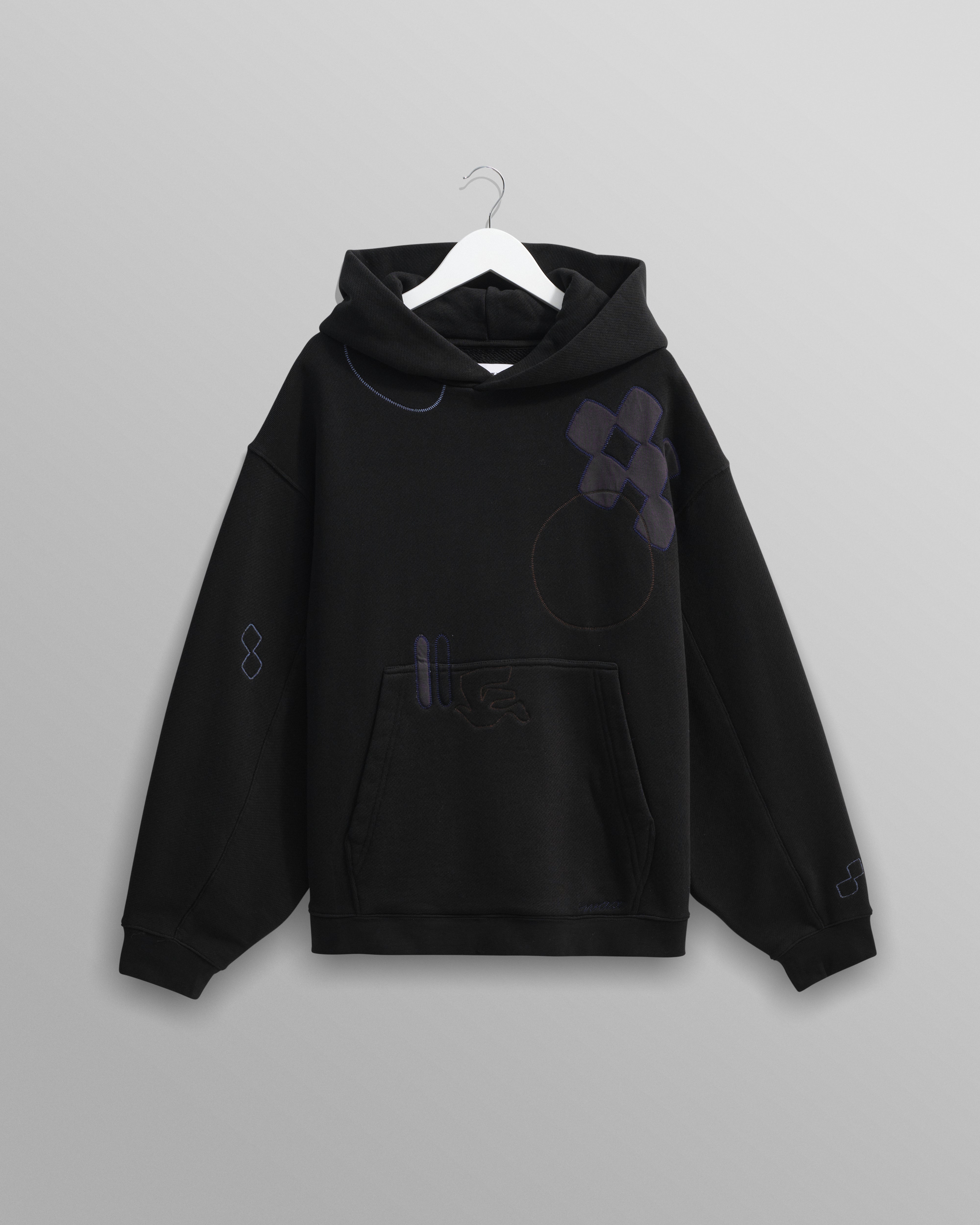 wax london men's Rydal - Black Doodle Embroidered Loopback Cotton Hoodie