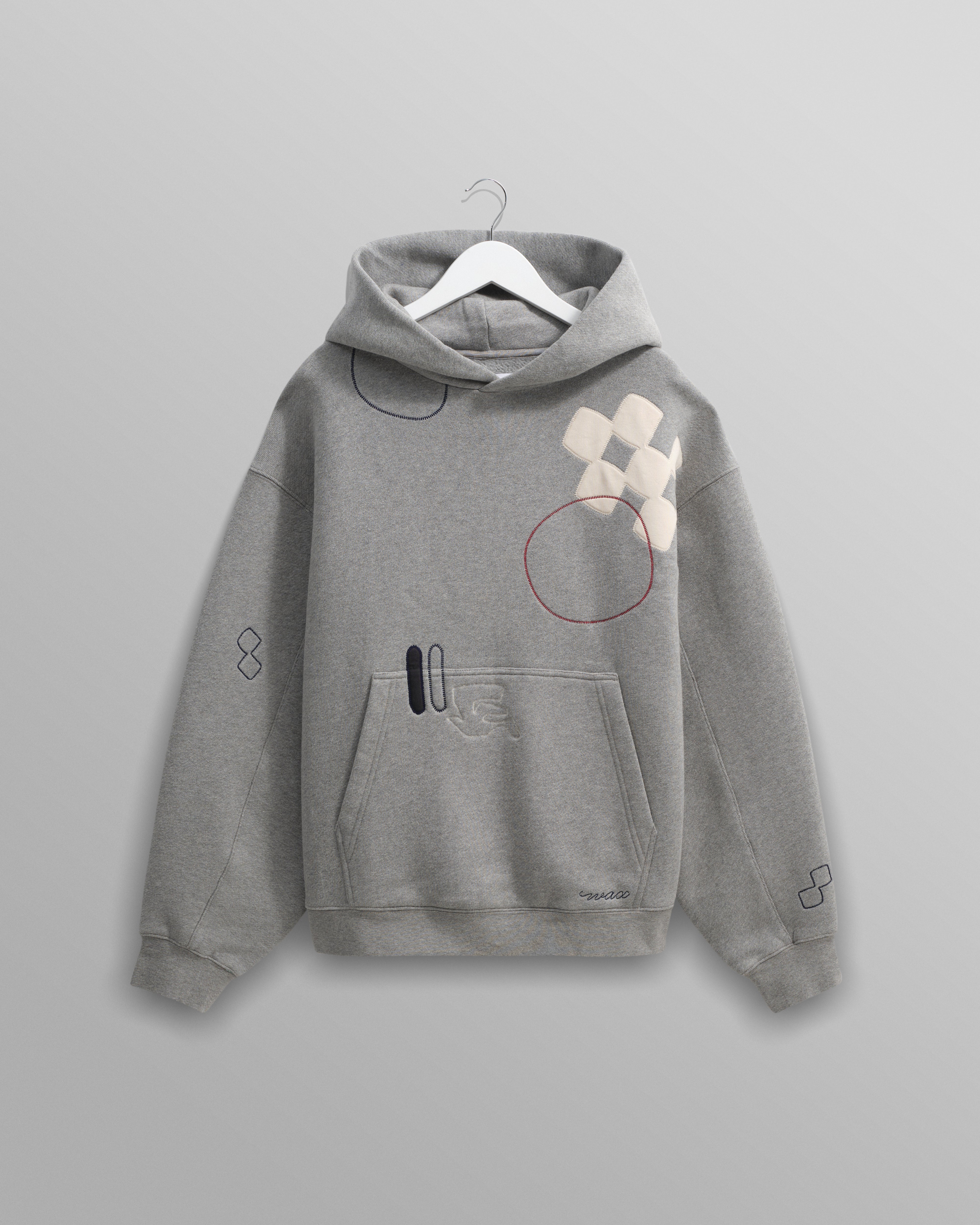 wax london men's Rydal - Grey Doodle Embroidered Loopback Cotton Hoodie