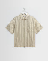 Sears - Natural And Navy Stripe Seersucker Zip Short-Sleeve Shirt