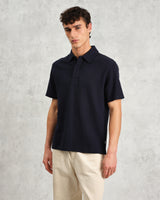 wax london men's Shore - Navy Textured Organic Cotton Polo Shirt