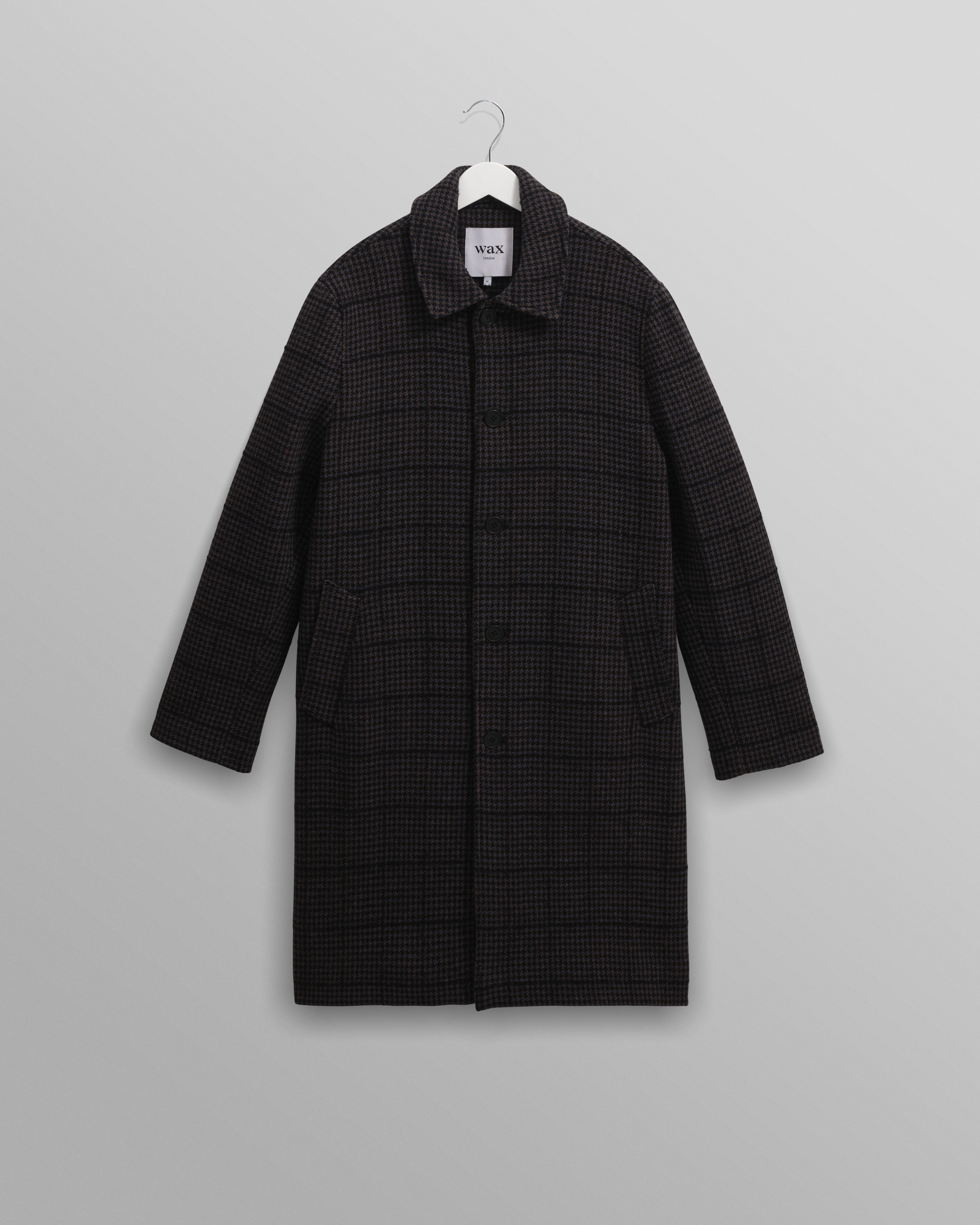 wax london men's Stan - Navy And Grey Puppytooth Check Wool Car Coat