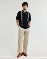 wax london men's Tellaro - Black And Ecru Retro Embroidered Shirt