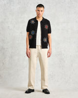 wax london men's Tellaro - Black Embroidered Knitted Cotton Polo