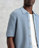 wax london men's Tellaro - Blue Honeycomb Knitted Cotton Polo Shirt