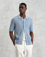 wax london men's Tellaro - Blue Honeycomb Knitted Cotton Polo Shirt