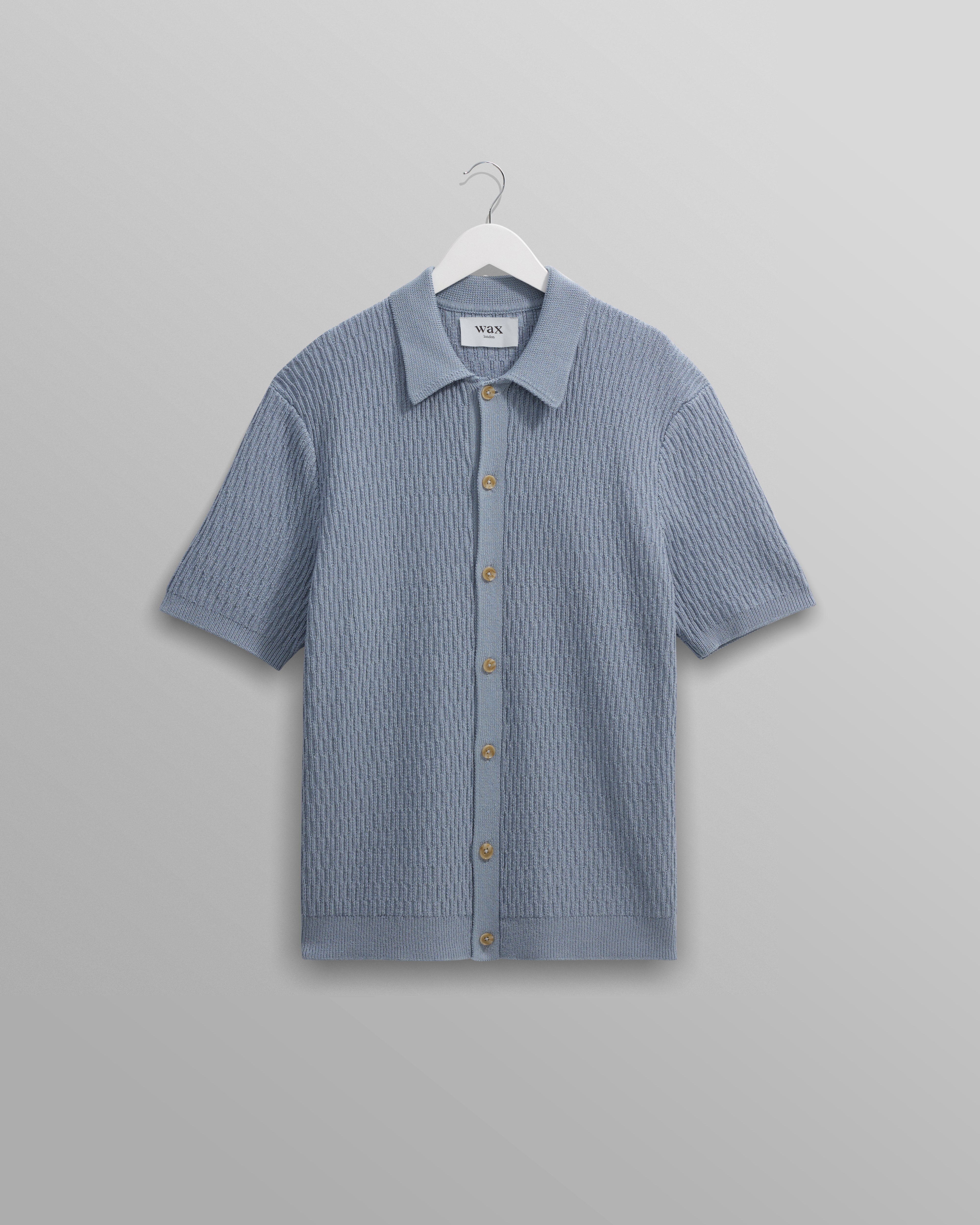 wax london men's Tellaro - Blue Honeycomb Knitted Cotton Polo Shirt