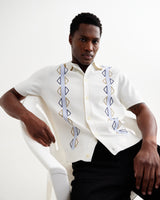 wax london men's Tellaro - Ecru And Blue Retro Embroidered Shirt