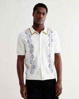 wax london men's Tellaro - Ecru And Blue Retro Embroidered Shirt