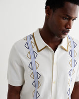 wax london men's Tellaro - Ecru And Blue Retro Embroidered Shirt