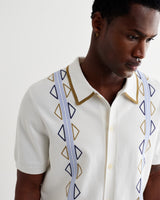 wax london men's Tellaro - Ecru And Blue Retro Embroidered Shirt