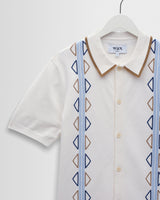 wax london men's Tellaro - Ecru And Blue Retro Embroidered Shirt