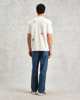 wax london men's Tellaro - Ecru Embroidered Knitted Cotton Polo Shirt