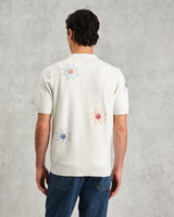 wax london men's Tellaro - Ecru Embroidered Knitted Cotton Polo Shirt