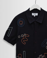 wax london men's Tellaro - Navy And Multicolour Shapes Embroidered Shirt