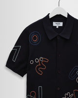 wax london men's Tellaro - Navy And Multicolour Shapes Embroidered Shirt