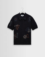 wax london men's Tellaro - Navy And Multicolour Shapes Embroidered Shirt
