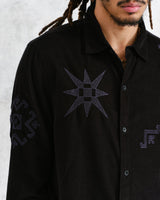 wax london men's Trin - Black Geometrical Embroidered Corduroy Shirt